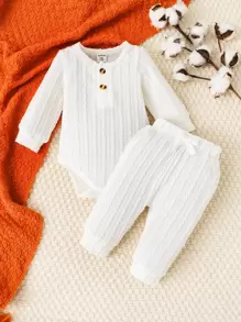 SHEIN Newborn Baby Button Front Bodysuit & Joggers - White - View 1