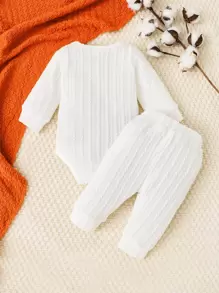 SHEIN Newborn Baby Button Front Bodysuit & Joggers - White - View 2