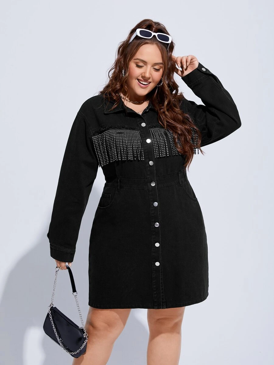 Plus Fringe Trim Button Through Denim Shirt Dress - Black - View 1