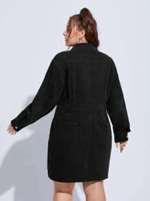Plus Fringe Trim Button Through Denim Shirt Dress - Black - View 2