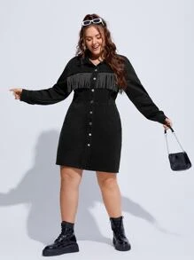 Plus Fringe Trim Button Through Denim Shirt Dress - Black - View 3