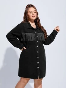 Plus Fringe Trim Button Through Denim Shirt Dress - Black - View 5