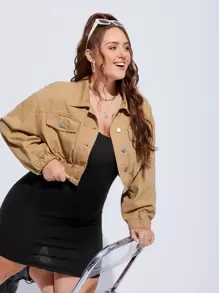 EMERY ROSE 大碼翻蓋口袋落肩袖牛仔夾克 - 卡其色 - 查看 4