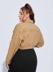 EMERY ROSE 大碼翻蓋口袋落肩袖牛仔夾克 - 卡其色 - 查看 2