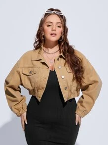 EMERY ROSE 大碼翻蓋口袋落肩袖牛仔夾克 - 卡其色 - 查看 3