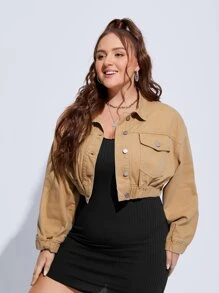 EMERY ROSE 大碼翻蓋口袋落肩袖牛仔夾克 - 卡其色 - 查看 1