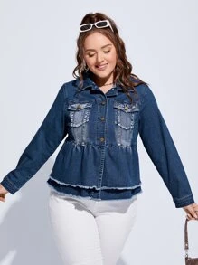 Plus Raw Trim Flap Pocket Denim Jacket - Dark Wash - View 1