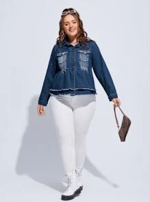 Plus Raw Trim Flap Pocket Denim Jacket - Dark Wash - View 3