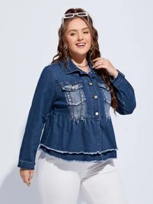 Plus Raw Trim Flap Pocket Denim Jacket - Dark Wash - View 4