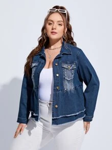 Plus Raw Trim Flap Pocket Denim Jacket - Dark Wash - View 5