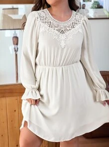 Plus Guipure Lace Insert Flounce Sleeve Dress - Beige - View 1