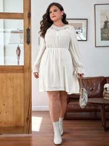 Plus Guipure Lace Insert Flounce Sleeve Dress - Beige - View 6