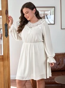 Plus Guipure Lace Insert Flounce Sleeve Dress - Beige - View 2