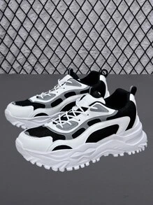 Men Color Block Lace-up Front Chunky Sneakers - Black and White - View 2