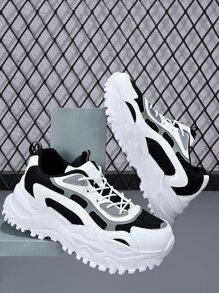 Men Color Block Lace-up Front Chunky Sneakers - Black and White - View 3