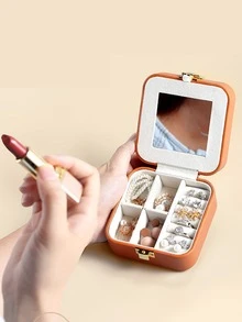 1pc Flower Detail Portable Jewelry Storage Box - Brown - View 2
