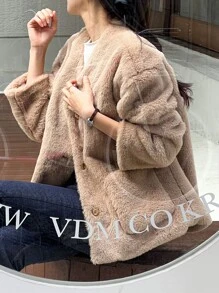 DAZY Dual Pocket Drop Shoulder Teddy Coat - Khaki - View 15