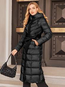 ZIAI 1pc Solid Color Hooded Waisted Long Sleeve Padded Coat, Winter, Ladies Winter Casual Belted, Pocket, Zipper Regular Sleeve Hooded Regular Fit Black Plain Women Padded Coats, Winter Warmth/ Winter Fashion - Black - View 6
