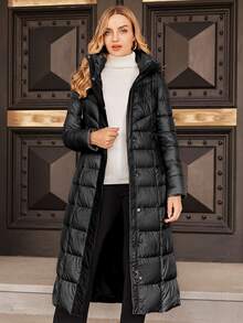 ZIAI 1pc Solid Color Hooded Waisted Long Sleeve Padded Coat, Winter, Ladies Winter Casual Belted, Pocket, Zipper Regular Sleeve Hooded Regular Fit Black Plain Women Padded Coats, Winter Warmth/ Winter Fashion - Black - View 7