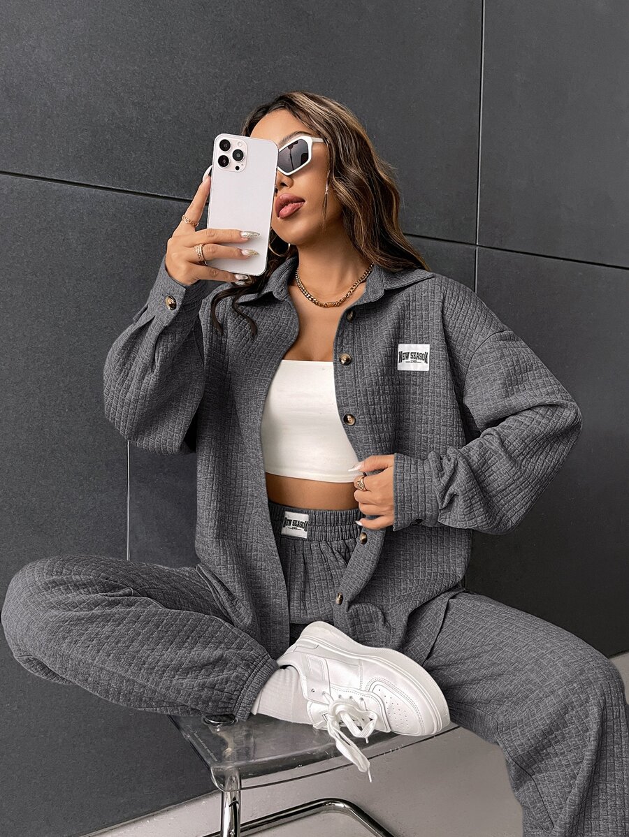 SHEIN EZwear 字母拼接細節拼接棉服,下垂肩灰色夾克和運動長褲 - 深灰色 - 查看 1