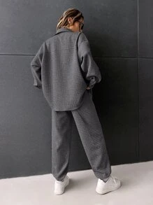 SHEIN EZwear 字母拼接細節拼接棉服,下垂肩灰色夾克和運動長褲 - 深灰色 - 查看 2