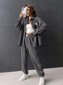 SHEIN EZwear 字母拼接細節拼接棉服,下垂肩灰色夾克和運動長褲 - 深灰色 - 查看 3