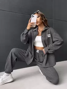 SHEIN EZwear 字母拼接細節拼接棉服,下垂肩灰色夾克和運動長褲 - 深灰色 - 查看 4