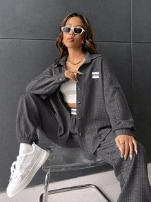 SHEIN EZwear 字母拼接細節拼接棉服,下垂肩灰色夾克和運動長褲 - 深灰色 - 查看 5