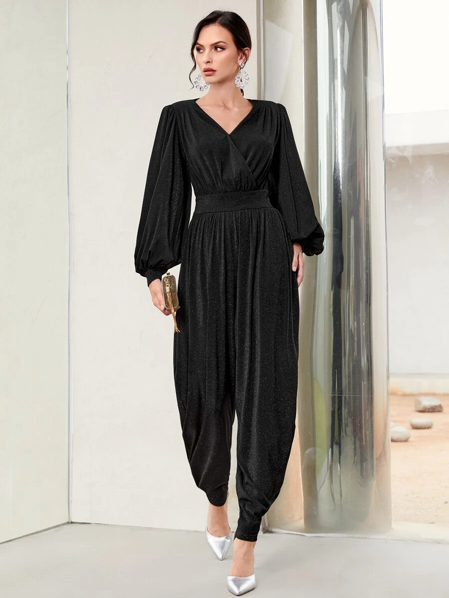 Mulvari Lantern Sleeve Overlap Collar Ruched Jumpsuit - Black - View 1