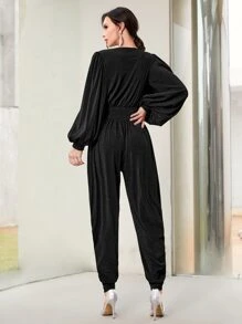 Mulvari Lantern Sleeve Overlap Collar Ruched Jumpsuit - Black - View 2