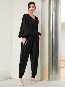 Mulvari Lantern Sleeve Overlap Collar Ruched Jumpsuit - Black - View 3