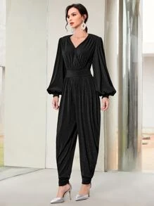 Mulvari Lantern Sleeve Overlap Collar Ruched Jumpsuit - Black - View 4