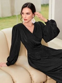 Mulvari Lantern Sleeve Overlap Collar Ruched Jumpsuit - Black - View 5