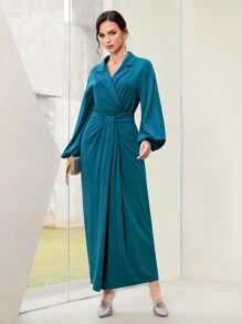 Modelyn Lapel Neck Lantern Sleeve Wrap Dress - Teal Blue - View 1
