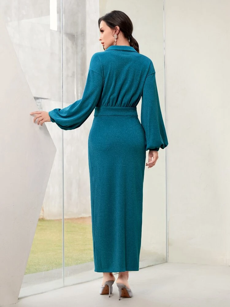 Lapel Neck Lantern Sleeve Wrap Dress