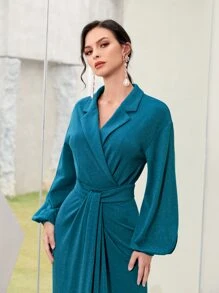 Modelyn Lapel Neck Lantern Sleeve Wrap Dress - Teal Blue - View 3