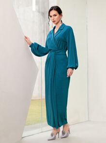 Modelyn Lapel Neck Lantern Sleeve Wrap Dress - Teal Blue - View 4