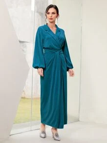 Modelyn Lapel Neck Lantern Sleeve Wrap Dress - Teal Blue - View 5