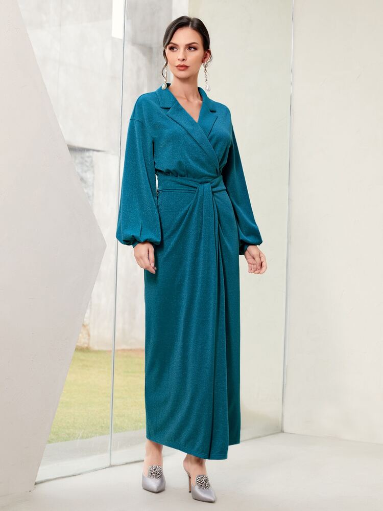 Lapel Neck Lantern Sleeve Wrap Dress