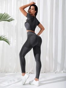 Easithlete Seamless Raglan Sleeve Tummy Control Sports Set - Dark Grey - View 2