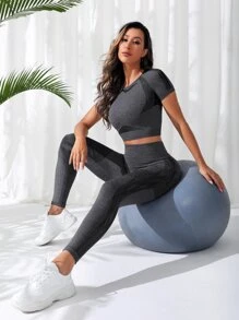 Easithlete Seamless Raglan Sleeve Tummy Control Sports Set - Dark Grey - View 3