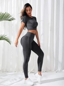 Easithlete Seamless Raglan Sleeve Tummy Control Sports Set - Dark Grey - View 4