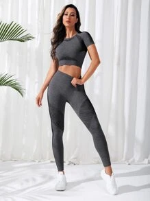Easithlete Seamless Raglan Sleeve Tummy Control Sports Set - Dark Grey - View 5