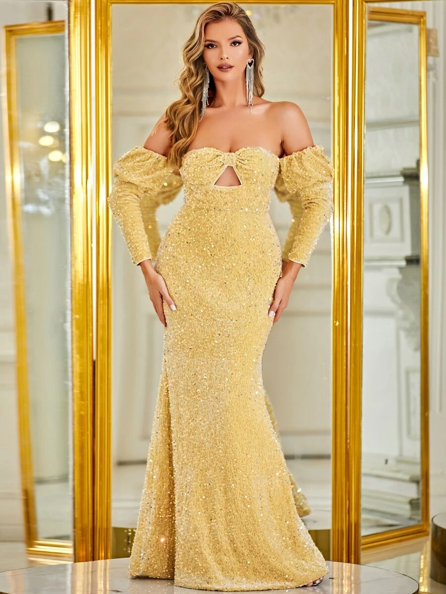 YISIKADO Off Shoulder Cut Out Mermaid Hem Sequin Formal Dress - Yellow - View 1