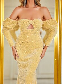 YISIKADO Off Shoulder Cut Out Mermaid Hem Sequin Formal Dress - Yellow - View 6