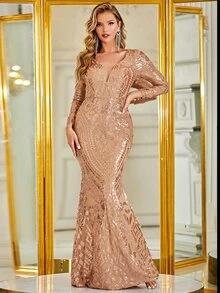 YISIKADO Mesh Insert Sequins Mermaid Prom Dress - Apricot - View 4