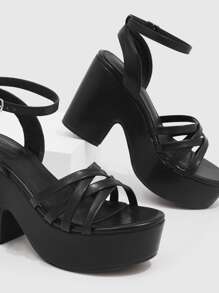 CUCCOO BIZCHIC Woman Shoes Minimalist Chunky Heeled Ankle Strap Versatile Elegant Black Heeled Sandals For Summer Graduation Heels Prom Heels Vacation Shoes Summer Back To School Shoes College Student Shoes Elegant Basics Business Casual Business Chic Halloween Spring Shoes Spring Break Easter - Black - View 3