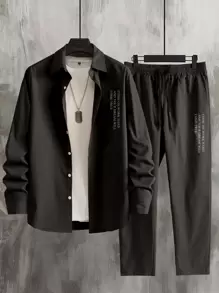 Manfinity Homme 男士字母圖案襯衫和腰部抽繩長褲不帶T恤 - 黑色 - 查看 1