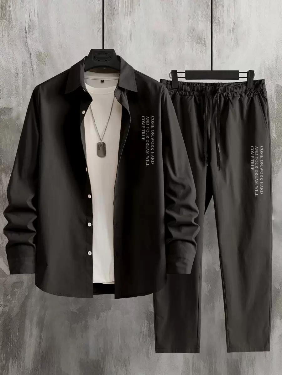 Manfinity Homme 男士字母圖案襯衫和腰部抽繩長褲不帶T恤 - 黑色 - 查看 1