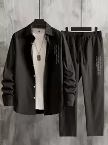 Manfinity Homme 男士字母圖案襯衫和腰部抽繩長褲不帶T恤 - 黑色 - 查看 3